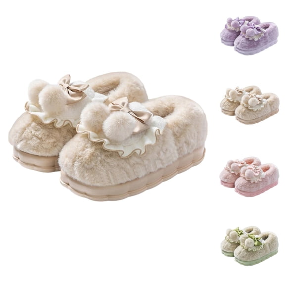 Slippers for Women Winter Warm Cute Bow Soft Cozy Fuzzy Slippers Indoor Platform House Shoes
