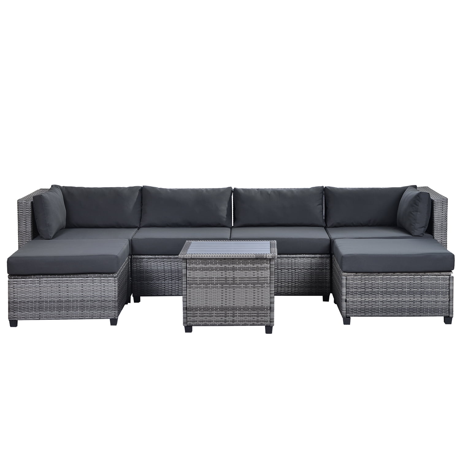 Kadyn 7 Piece Rattan Sectional Seating Group, Outdoor Conversation Sofa Set, Outdoor Ratten Sofa NEW with Cushions and Table, Gray