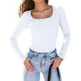 thumbnail image 3 of Womens Long Sleeve Shirts Square Neck Tops Ribbed Knit Basic Crop Tops Fall Outfits Fashion Clothes White XXXL, 3 of 8