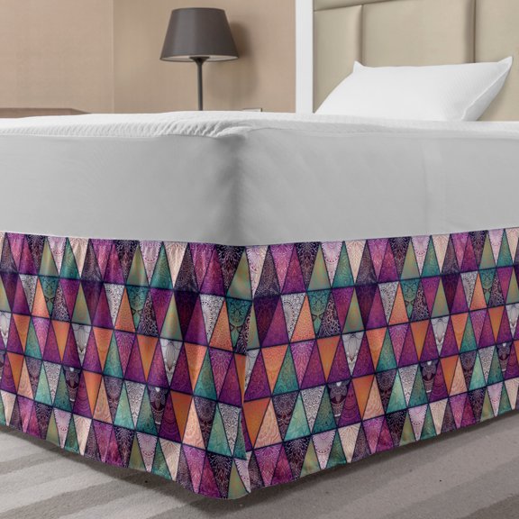 Asian Bed Skirt, Ethnic Floral Shabby Oriental Motifs in Geometric Triangles in Patchwork Style, Elastic Bedskirt Dust Ruffle Wrap Around for Bedding Decor, 4 Sizes, Multicolor, by Ambesonne
