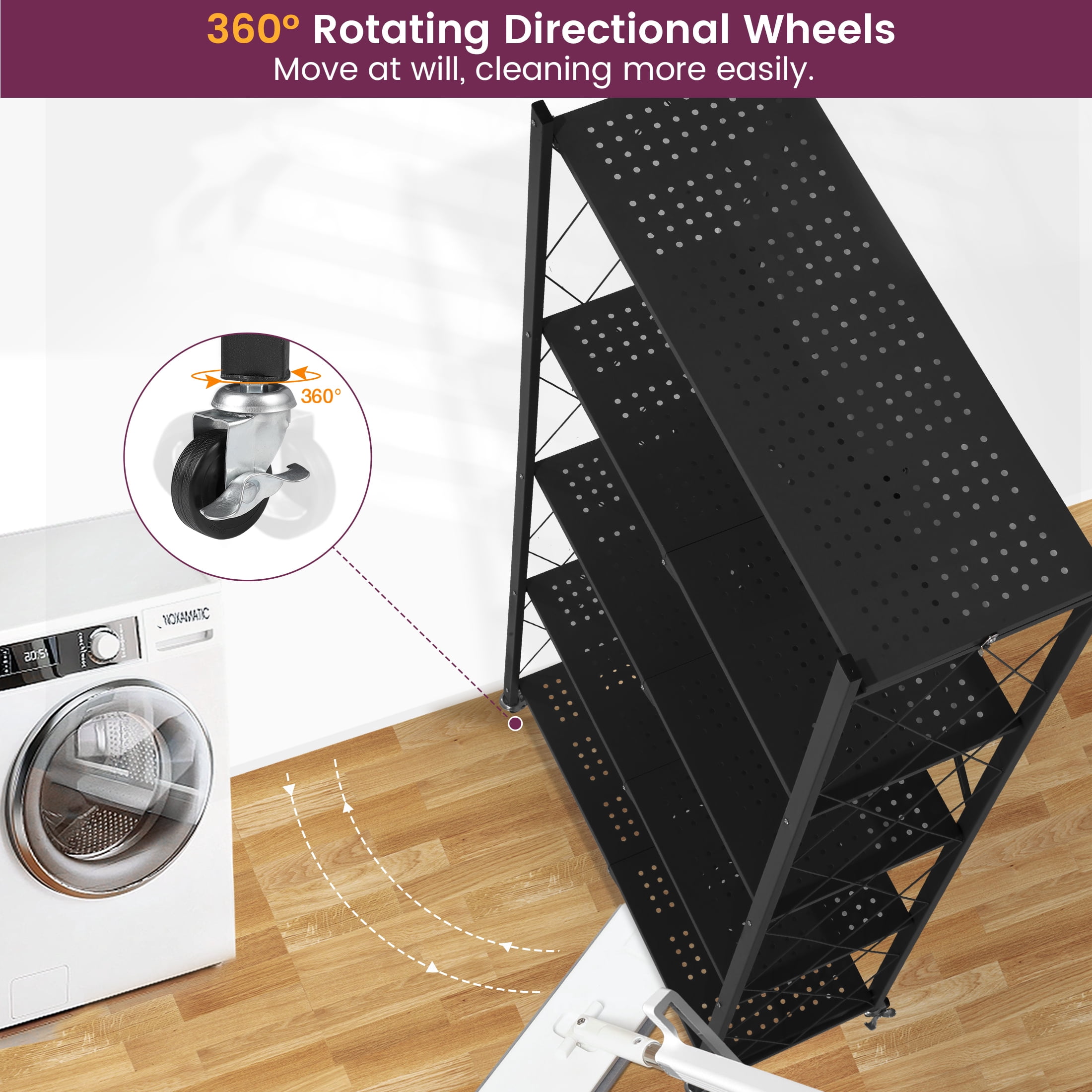 Nbcleanic 70.7" H 5-Tier Storage Shelves with Wheels, Black, 2 Pack