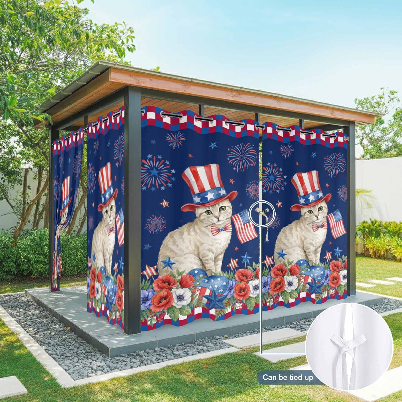 Independence Day Outdoor Curtains for Patio, Cartoon Golden British Shorthair Colorful Poppy Sunshade Privacy Drapes Grommet Waterproof Outside Curtains for Porch/Cabana/Balcony 54"x 108", 1 Panel