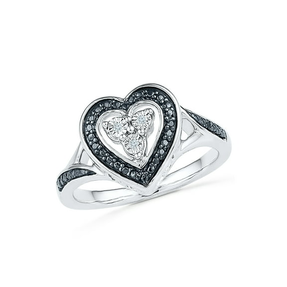 STERLING SILVER 0.03 CTTW WHITE & BLACK DIAMOND HEART RING