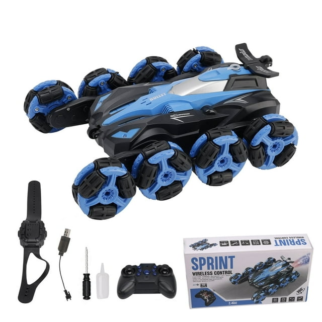 Bruce&Shark 8 Wheel RC Stunt Car, 2.4G Transform Toy with Gesture Control, Water Mist & Lights, Remote Control Car for Kids