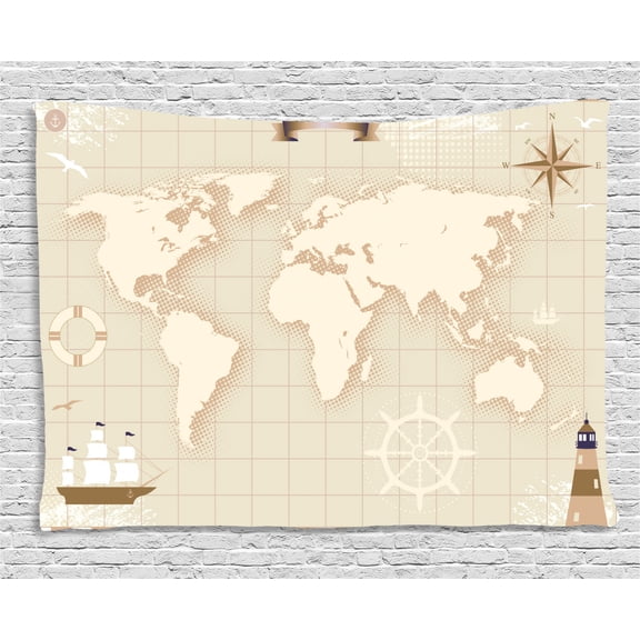 World Map Tapestry, Old World Map with Windrose Lighthouse Lifebuoy Yacht and Continents, Wall Hanging for Bedroom Living Room Dorm Decor, 80W X 60L Inches, Eggshell Tan Beige, by Ambesonne