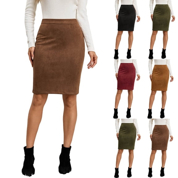 Gfyviroh Pencil Skirt for Women Comfy Faux Suede Slim Bodycon Skirts High Waist Stretch Office Casual Skirt