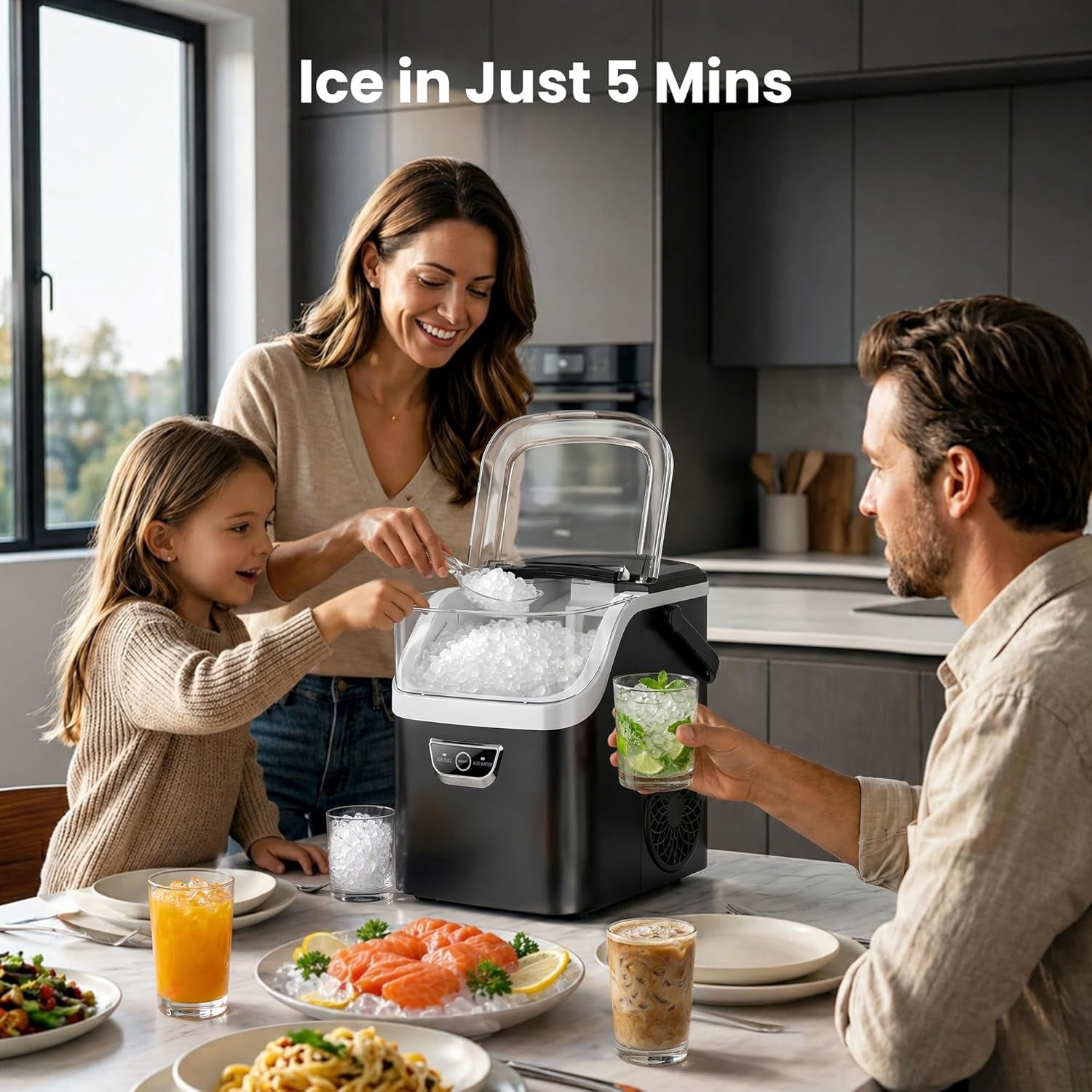 Auseo Nugget Ice Maker Countertop , 35lbs/24H, Crushed Ice Ready in 5 Mins ,Self-Cleaning, Ice Basket & Ice Shovel & Handle, for Home/Office/Party, Black