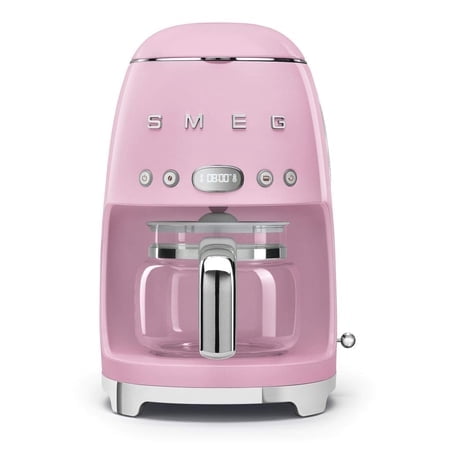 Smeg 50's Retro Style Aesthetic Drip Coffee Machine with 10 Cup Glass Carafe Auto Start Feature Keep Warm Plate and Two Coffee Strength Settings (Pink)