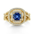 thumbnail image 2 of Gem Stone King 18K Yellow Gold Plated Silver Blue Created Sapphire and White Moissanite Ring for Women (1.91 Cttw, Gemstone Birthstone, Cushion Cut 6MM, Size 7), 2 of 4