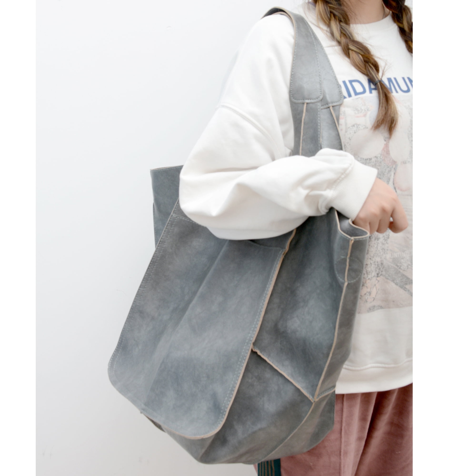 Fashion Women's Large Pu Leather Satchel Handbag Work Tote Shoulder Bags  Purse Soft Crossbody Oversized Bag,Gray 