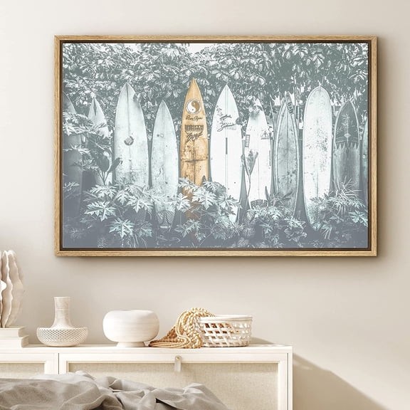 PixonSign Framed Canvas Print Wall Art Surfboards Stacked Against Palm Trees Nature Ocean Photography Realism Bohemian Scenic Urban Blue Cool for Living Room, Bedroom, Office - 24"x36" Natural