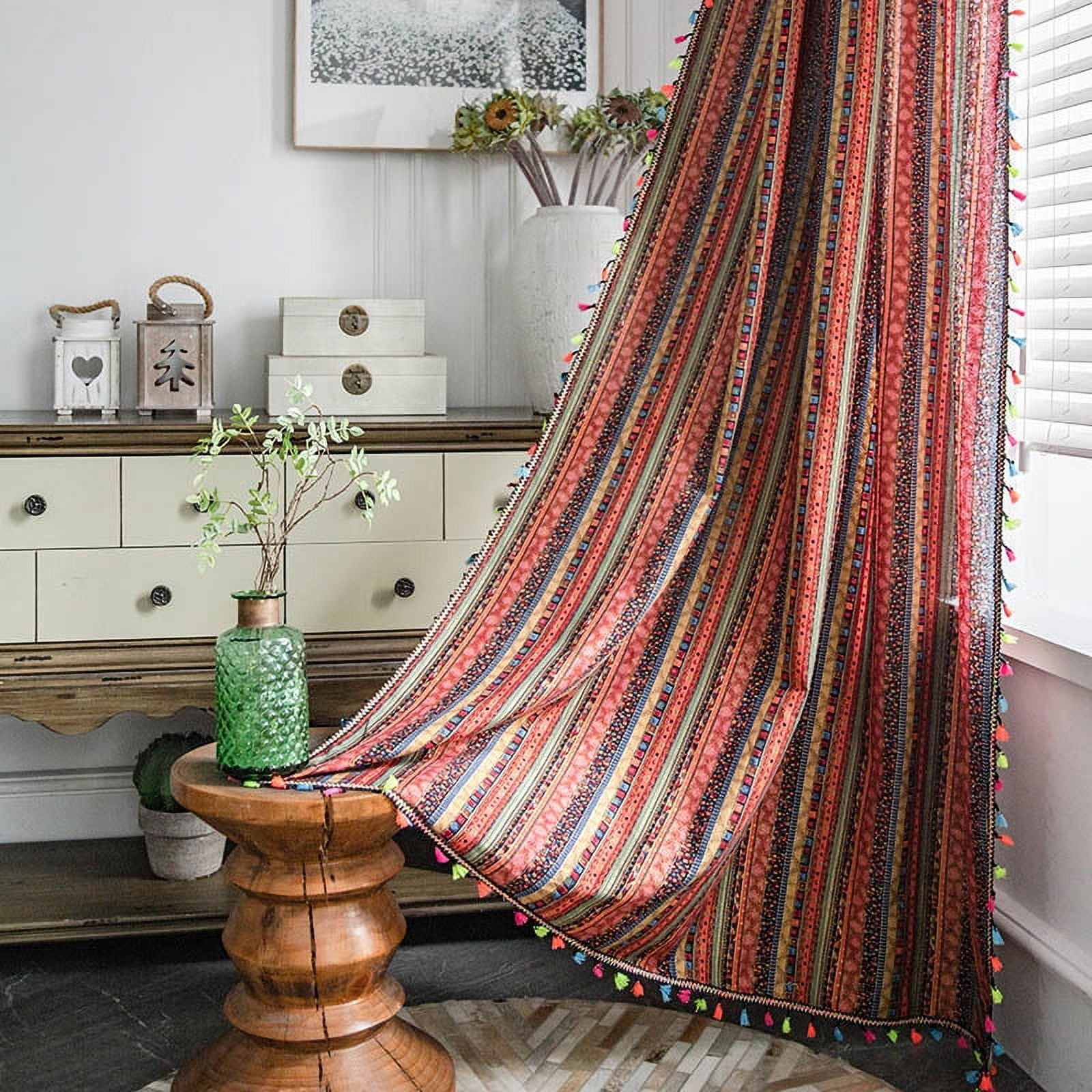 XmhyTop Home Curtains for Bedroom Living Room,Semi-Blackout Country Cotton and linen Vintage Chic Tassels Hollow Window Treatment Rod Pocket Drape（2 Panel，102.3*59in,A67）