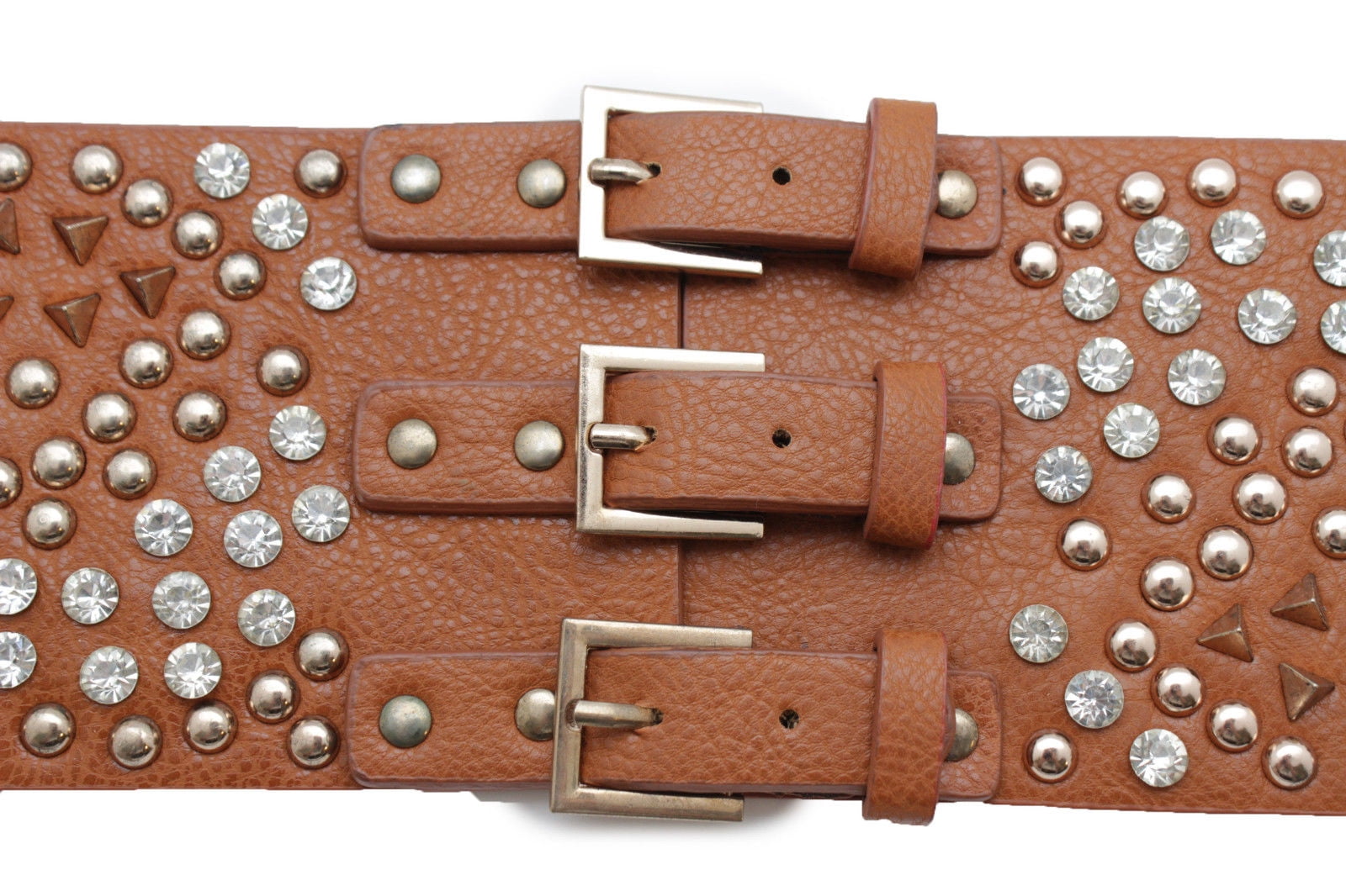Women Hip High Waist Wide Elastic Brown Corset Belt Gold Spikes Silver Beads S M