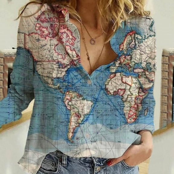 DondPO Long Sleeve Shirts Dress Shirts for Women Long Lapel Women's Top Shirt Loose Print Sleeve World Casual Button Map Women Shirts Womens Tops Flannel Shirt Blue L