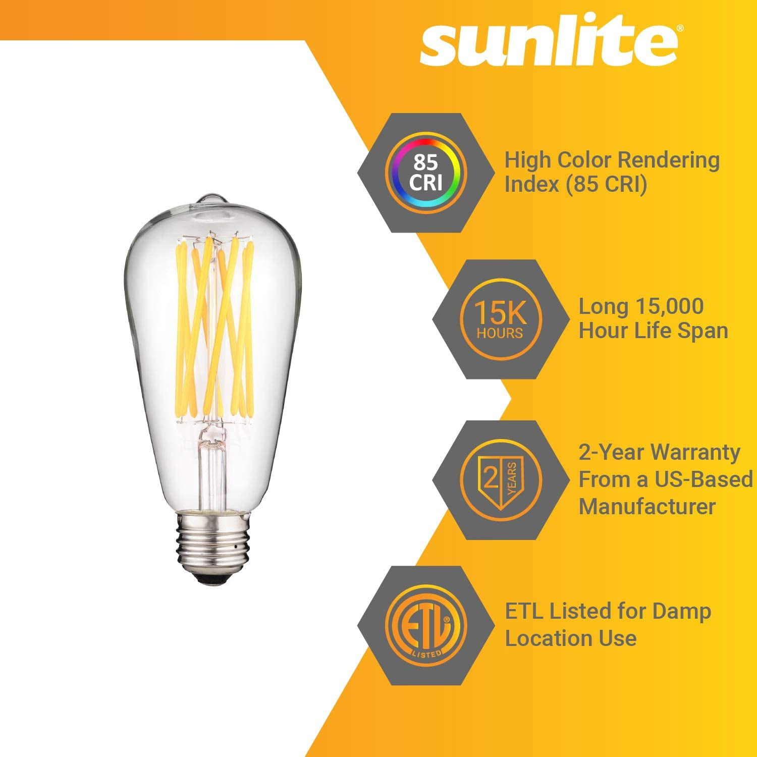 Sunlite LED ST19 Filament Style Edison Light Bulb, 8.5 Watts (60W Equivalent), Medium Base (E26), Dimmable, Clear, UL Listed, 2200K Amber, 6-Pack