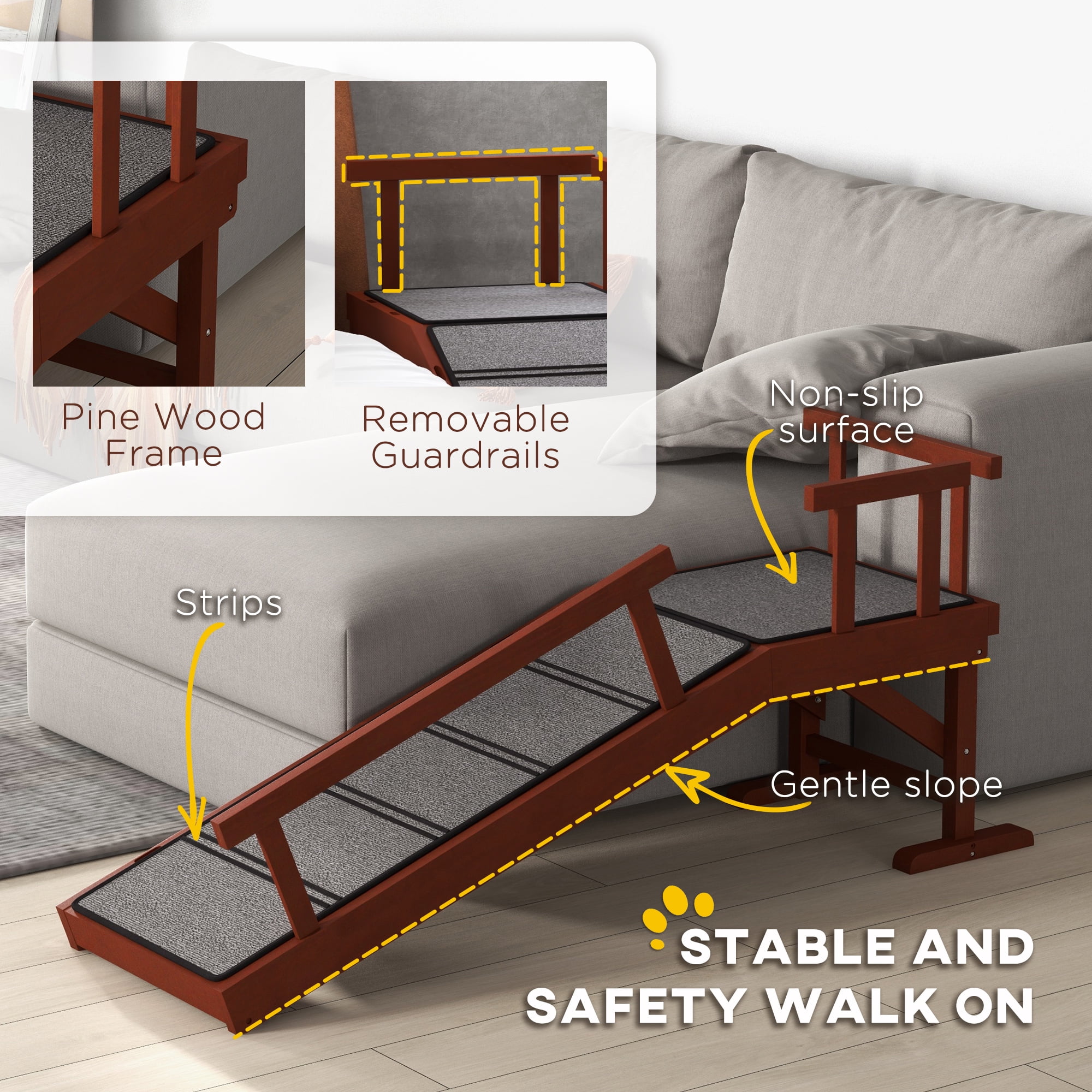 Dog Ramp, Dog Stairs for Small, Medium & Large Dogs, Pet Ramp for Bed or Couch with Removable Guardrails, Non-Slip Surface, 49" Long, Brown
