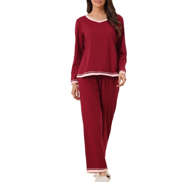 Conjunto de pijama para mujer INSPIRE CHIC, camiseta de manga larga y pantalones largos con bolsillo, ropa de descanso de 2 piezas, 2XL color rojo vino