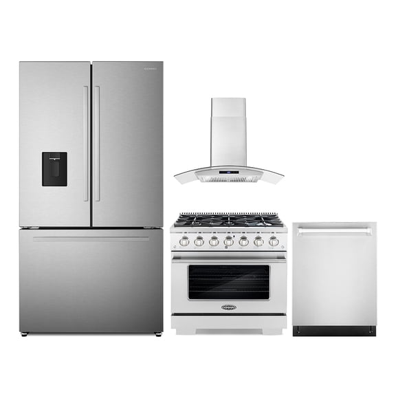 4 Piece Kitchen Package with 36" Freestanding Gas Range 36" Wall Mount Range Hood 24" Built-in Fully Integrated Dishwasher & French Door Refrigerator
