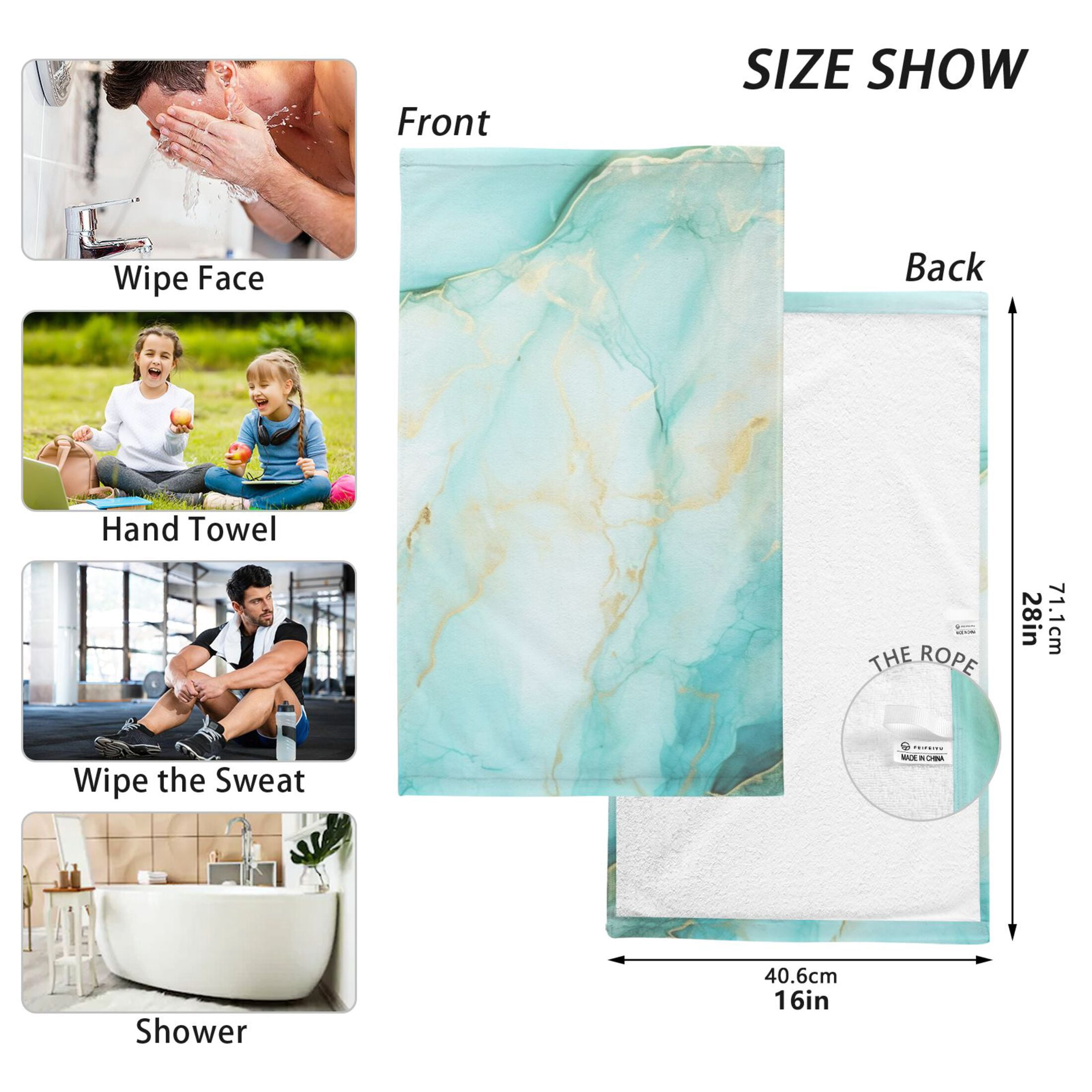 2 Pcs Hand Towel Set Aqua White Marble Cotton Absorbent Soft Face Towels Bath Towels for Bathroom Kitchen Shower Hotel Decor 16"x28"