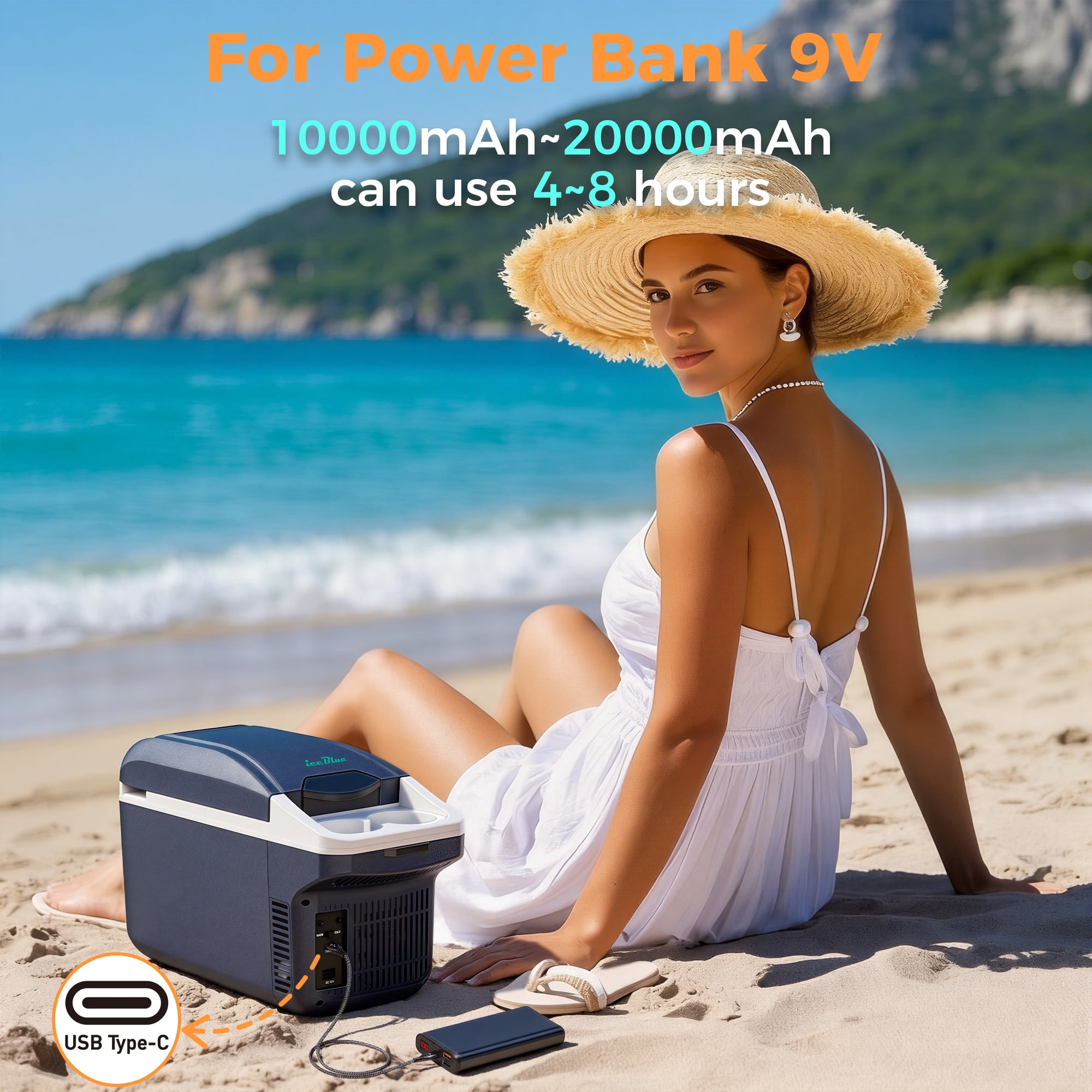 IceBlue 8L car refrigerator(9V type-C/12V DC), Dual Temperature (Cold and Hot), compact Mini Fridge for Camping, Travel, Truck, Home, Fishing, RV and Outdoor, with Shoulder Strap