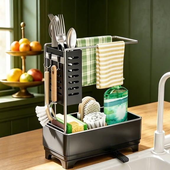 Stainless Steel 2-Tier Kitchen Sink Caddy, Sponge Holder with Brush Holder, Towel Rack, Hooks & Drain Holes, Countertop Soap Dispenser Organizer for Kitchen Storage Essentials