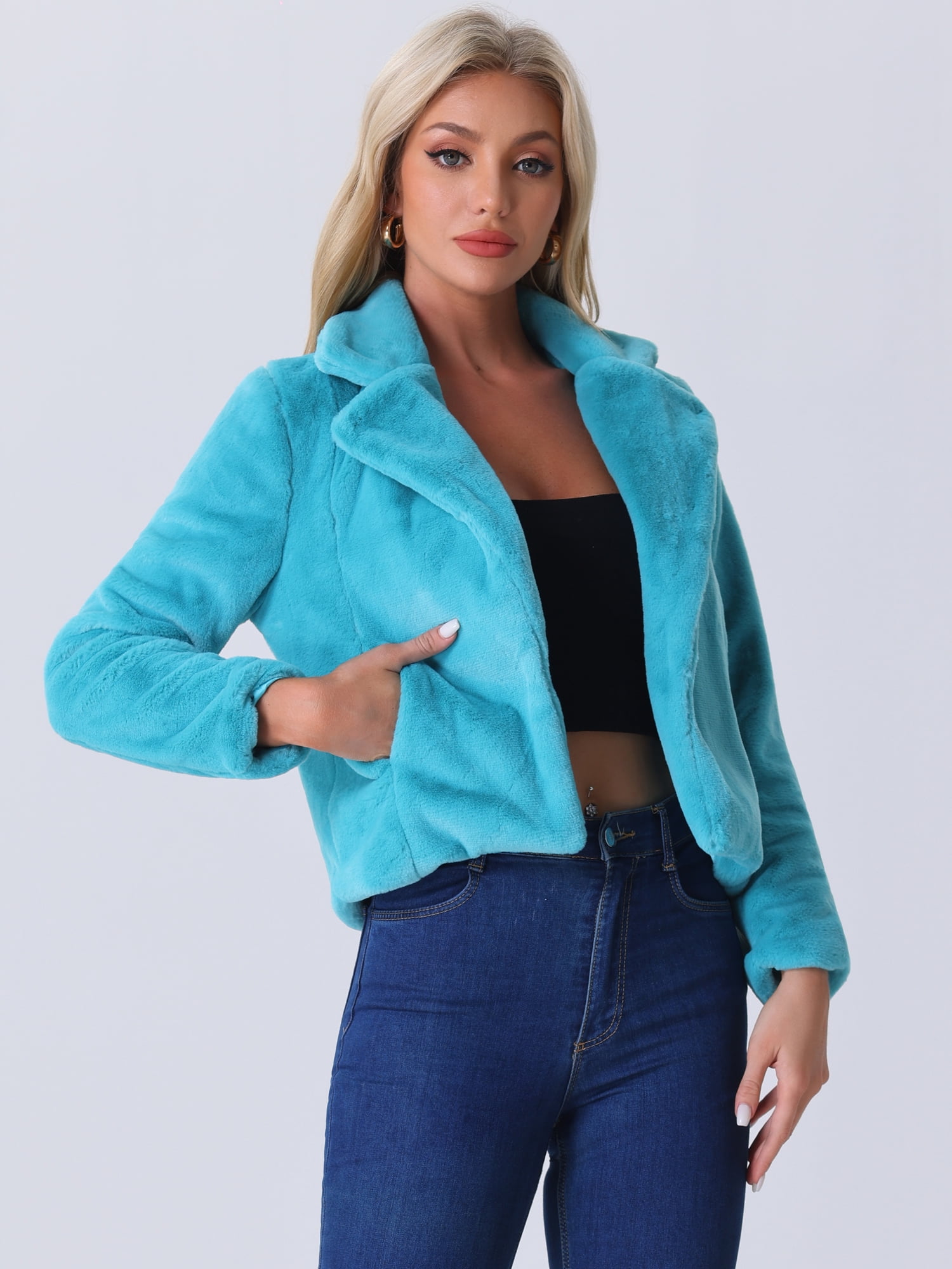 DARING DIVA Women's Cropped Notch Lapel Faux Fur Fluffy Coat XL Peacock Blue