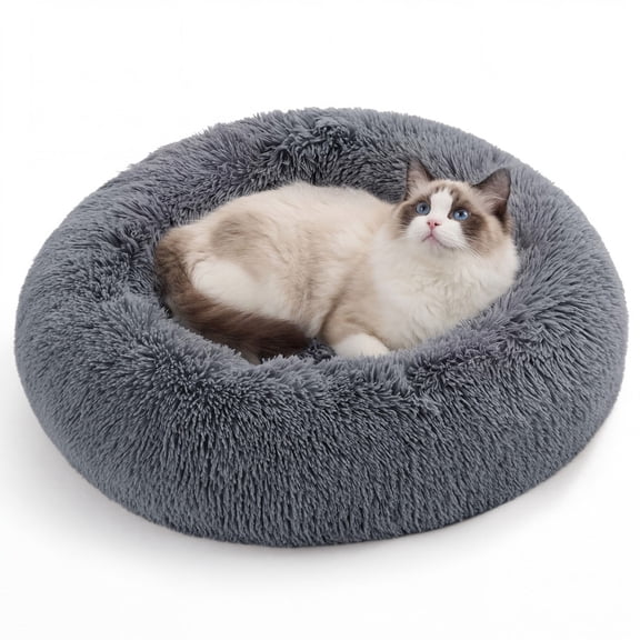 U By Bedsure Calming Donut Cat Bed, 20" Fluffy Plush Round Pet Bed for Kitten & Puppy, Washable Anti-Anxiety Soft Comfy Cuddler, Gray