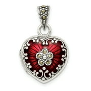 Sterling Silver Antiqued Red Enamel and Marcasite Heart Locket QP1291
