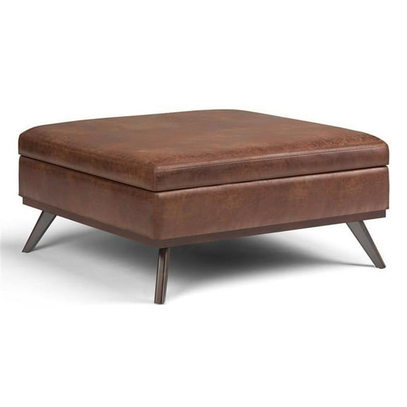 Pemberly Row Mid-Century 40" Faux Leather Storage Ottoman in Saddle Brown