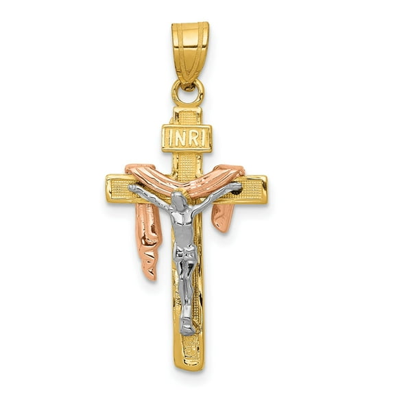 10k Real Gold Tri-Color Draped Crucifix Cross Pendant Necklace for Men and Women Christian Catholic Jewelry in Yellow White Rose Gold Religious Jesus Design