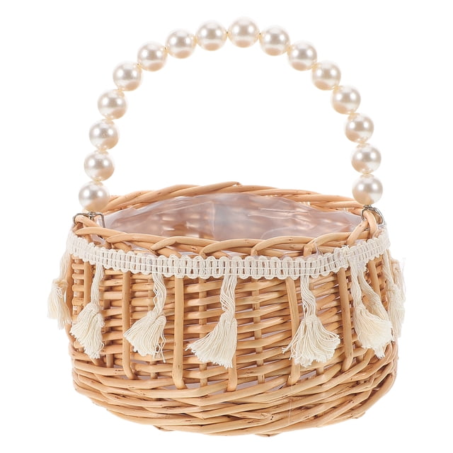 Cesta de mimbre para niña de las flores con asa de perla artificial, pequeña cesta tejida para bodas, decoración de fiesta de boda para niña de las flores, cesta de mano