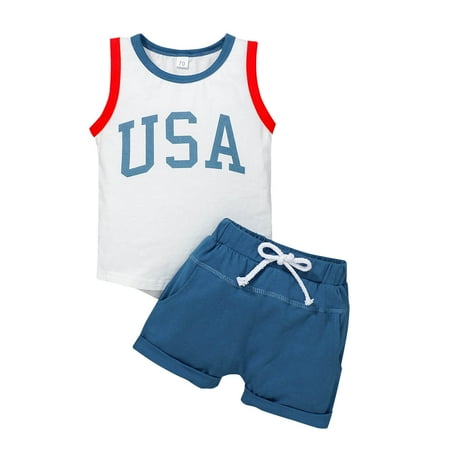 

Toddler Kids Boys Girls Clothes 4Thof July Sleeveless Independence Day Letter Print T Shirt Tops Shorts Outfits Set Summer Clothes