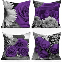 Purple Pillow Covers 4 Pack 18x18 Purple Rose Black Gray Decorative Deep Aubergine Throw Pillow Covers for Couch Bed Flower Linen Farmhouse Pillow Cases Spring Summer (Purple)