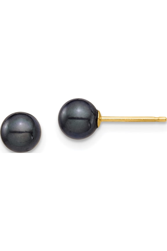 14K Yellow Gold 5-6mm Round Black Saltwater Akoya Cultured Pearl Stud Post Earrings Made In Canada xf689e