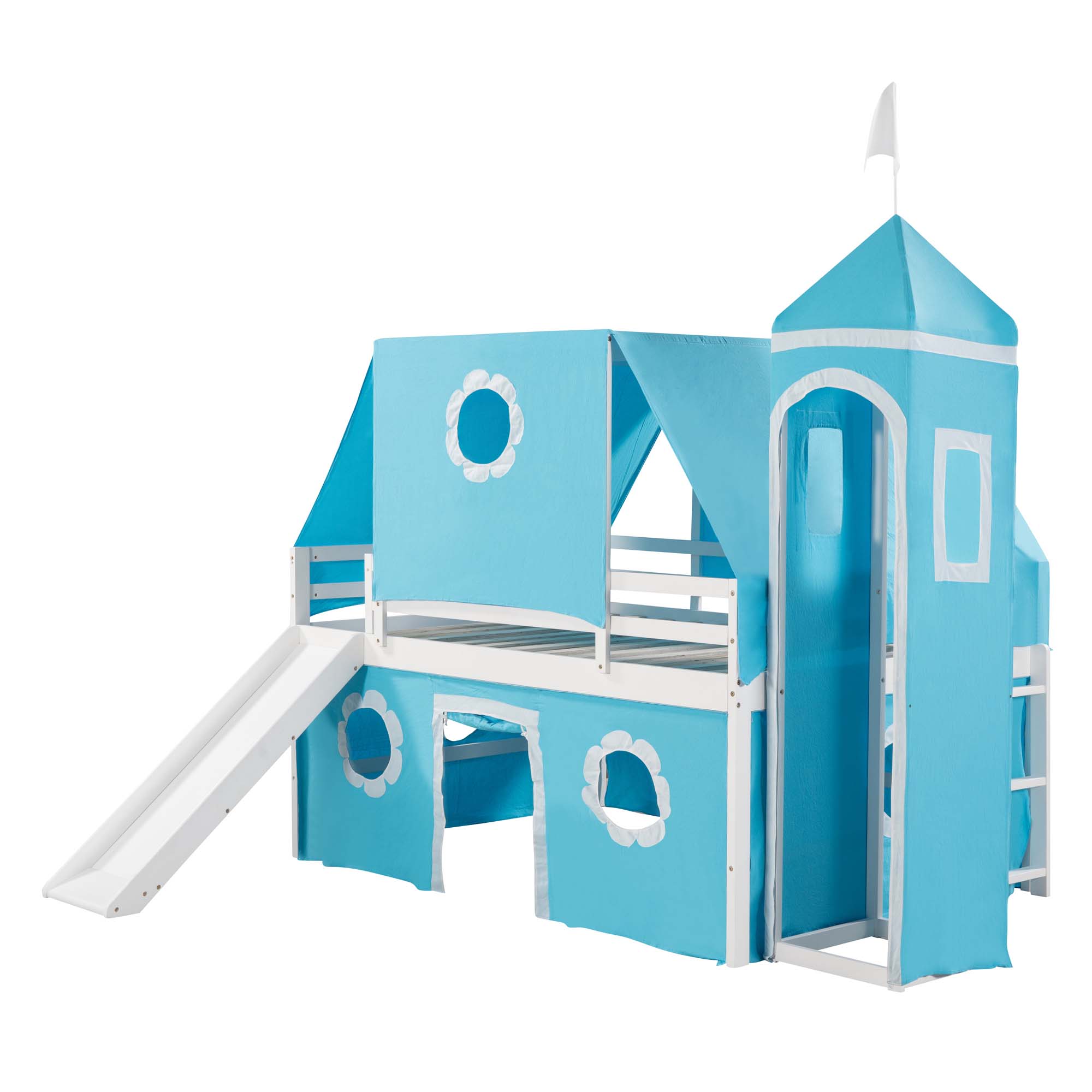 Aukfa Loft Bed with Slide - Full Size Low Castle Bed with Tent and Tower for Kids,Wood - Blue