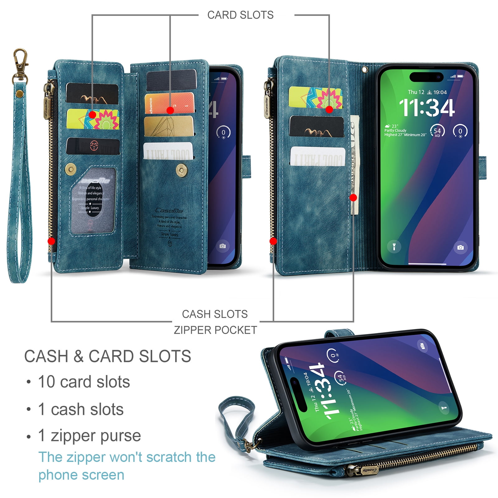 Dteck for iPhone 15 Plus Case with Card Holder, Premium iPhone 15 Plus Wallet Case for Women Men, Heavy Duty Durable PU Leather With Flip Zipper Pocket Phone Case w/ Wrist Strap Lanyard,Blue