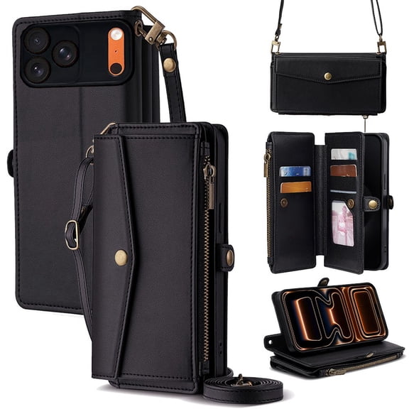 ArtCaseLab iPhone 17 Pro Max Multi-Card Wallet Leather Phone Case, Zipper Pocket Flip Protective Cover with Detachable Crossbody Strap, Kickstand Purse Case for Women, Black