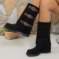 thumbnail image 5 of Women's Chunky Heel Mid Calf Boots, Belt Buckle Suede Platform Leather Boots with Breathable Lining and Lightweight Sole, Trendy Footwear for Daily Leisure, 5 of 8