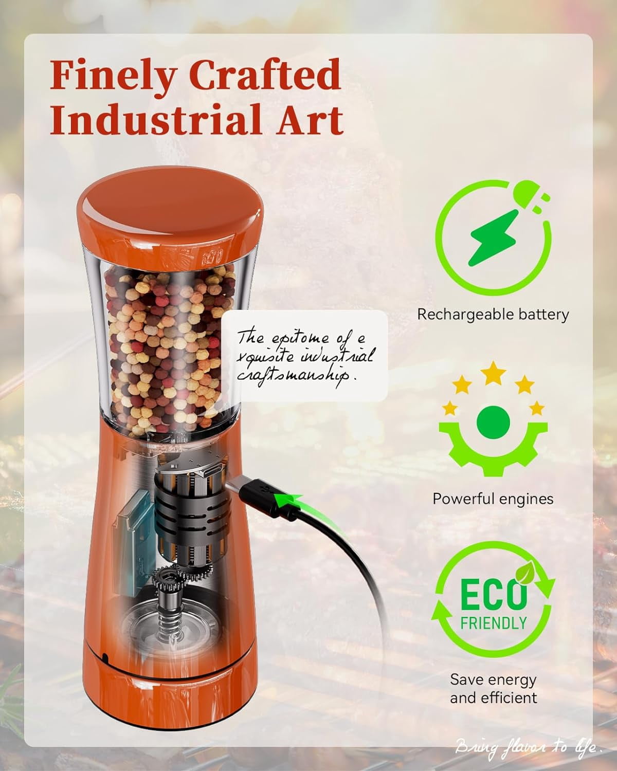 Electric Salt and Pepper Grinder Sets Automatic Adjustable Coarseness USB Rechargeable Mill Grinders Shakers With LED Light, Bright Orange
