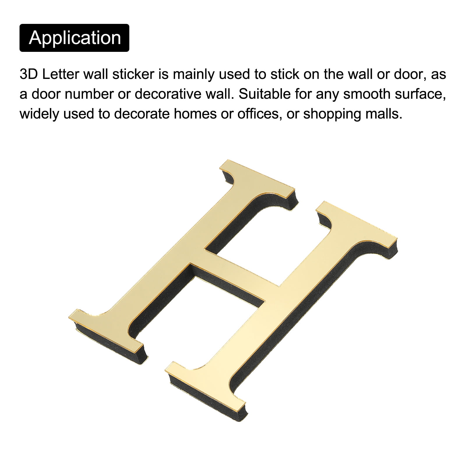 Unique Bargains 3D Acrylic Alphabet Mirror Wall Stickers Self-Adhesive Gold H Shape