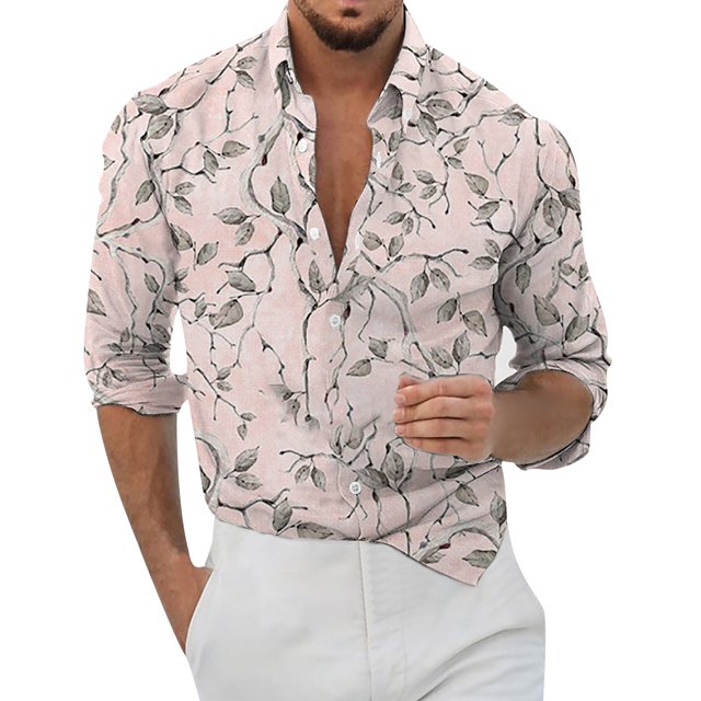 Playeras Y Camisas Para Hombre Casual Hombres Solapa suelta Estampado geométrico Manga larga Puños Botón Puerto Estilo Floral Camisa Playa Hawaiianss Verano Top (Pink, 3XL)