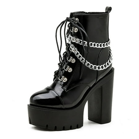 

HHH Autumn and Winter Women s High Heels Patent Leather Metal Chain Nightclub Martin Boots Lace up Chunky Heel Short Boots 226-9
