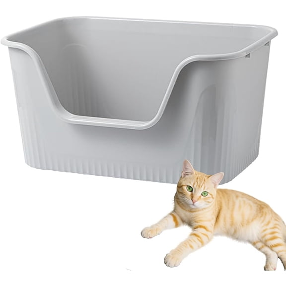 Large Cat Litter Box with High Sides and Low Entry for Easy Access Grey