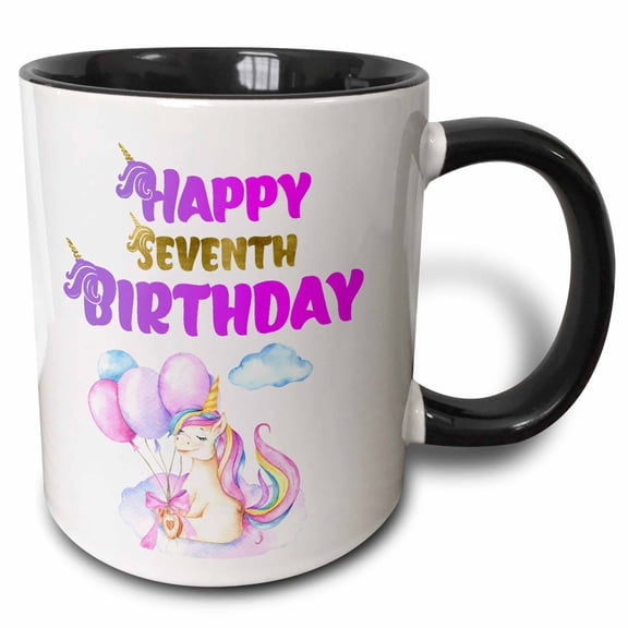 3drose, Cute Unicorn with Balloons Happy Seventh Birthday, 15oz Two-tone Black Mug