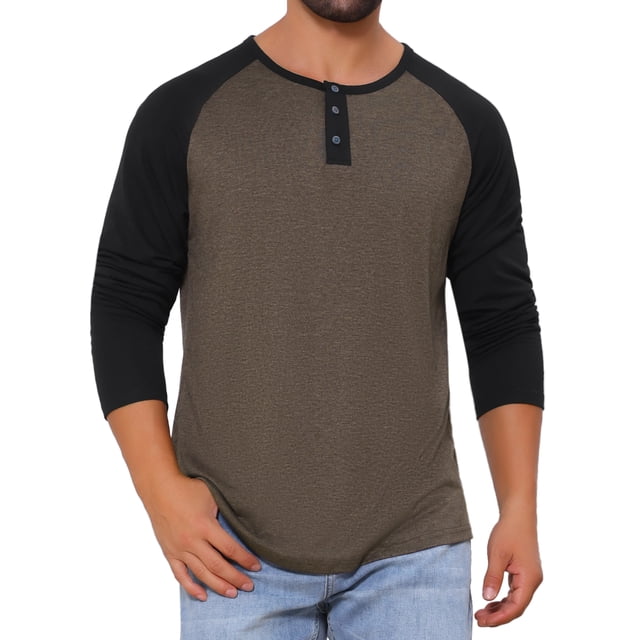 Camisetas de manga larga Raglan casual para hombres INSPIRE CHIC, estilo Henley, XL, color marrón y negro