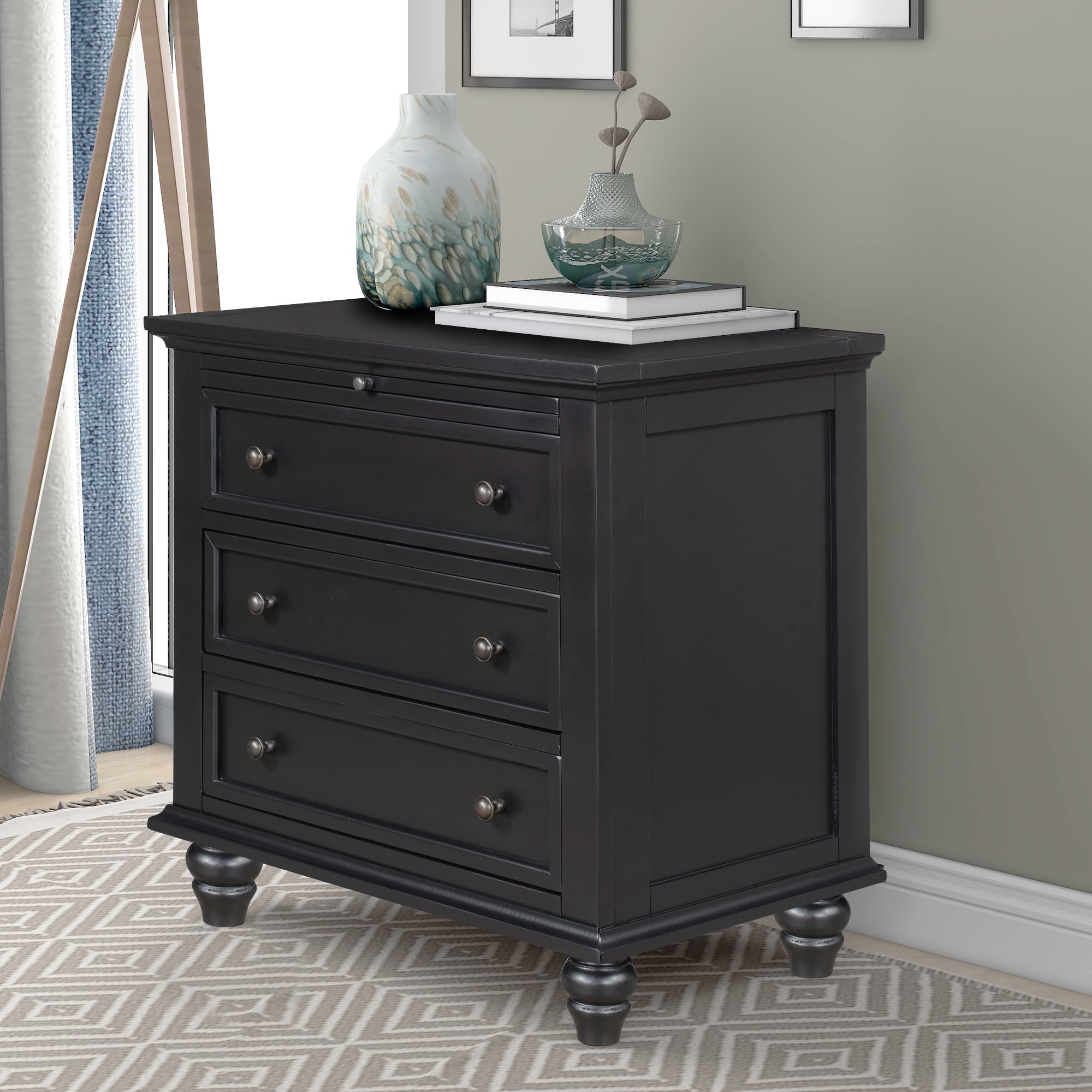 Euroco 28" Nightstand with Pull Out Tray 3 Drawers Rubber Wood Legs, Black