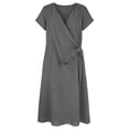 thumbnail image 6 of Gamivast Dresses for Women Linen Wrap V Neck Short Sleeve Midi Dress Tie Waist Flowy Sundress Casual Dress Beach Dress Vacation Dress Summer Gray XXL, 6 of 7