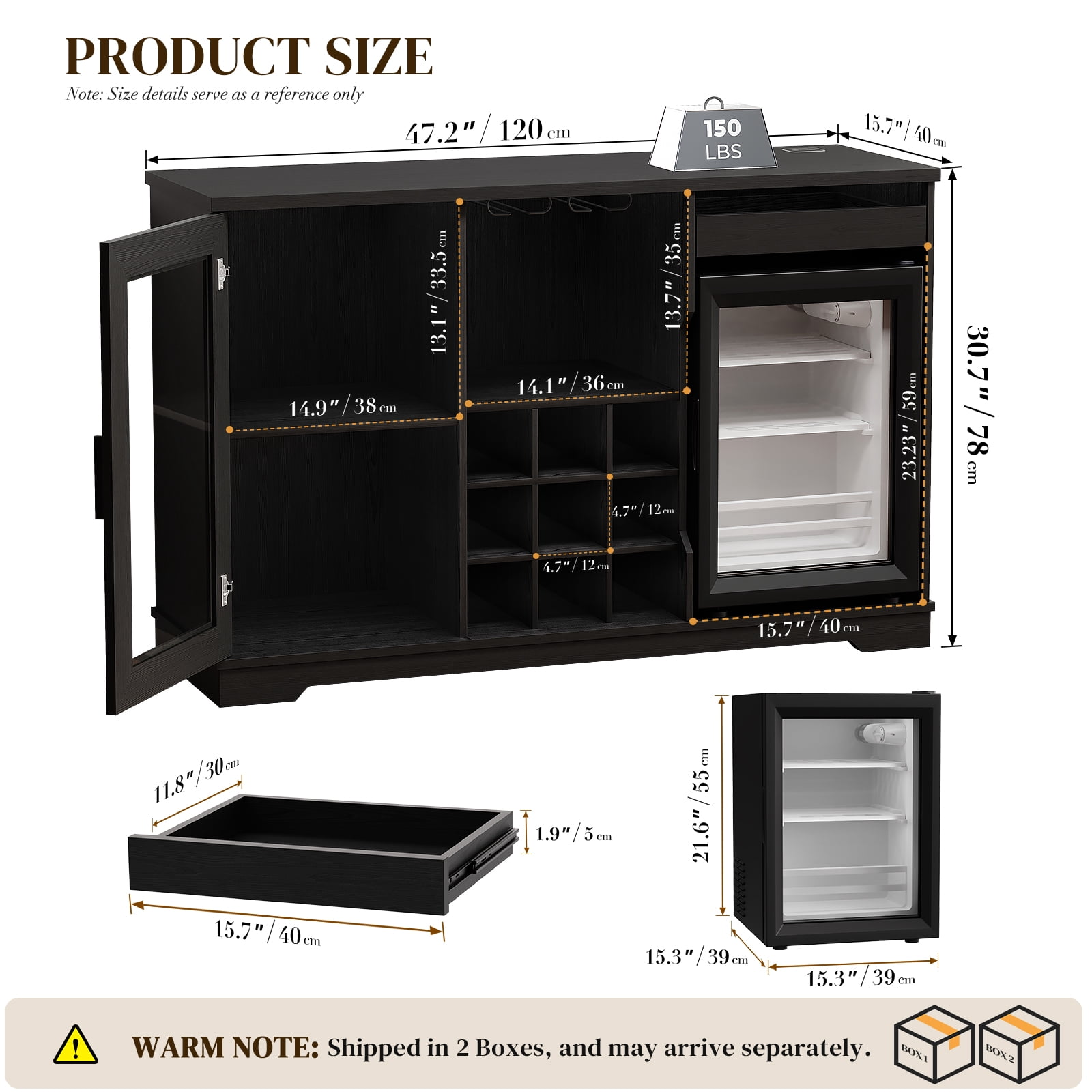 BROTTAR Wine Bar Cabinet with Fridge (Included), 47" Liquor Coffee Bar Cabinet with LED Lights & Rack, Mini Fridge Cabinet with Storage, Human Body Sensor, Buffet Sideboard for Dining Room, Black