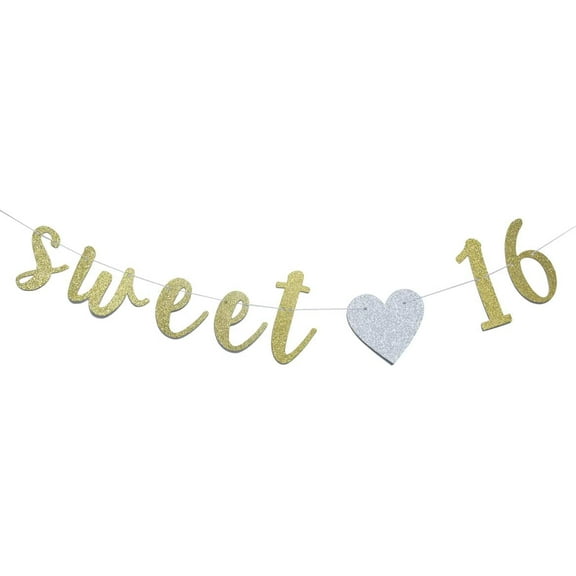 Sweet 16 Banner Gold Glitter with Heart for 16th Birthday Party Decorations Supplies Pre-Strung Cursive Bunting Photo Booth Props Sign (Gold & Silver)
