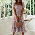 thumbnail image 3 of Kukoosong Women's Short Sleeve Midi Dress, Square Neck Tiered Ruffle Dress, Casual Summer Beach Sundress, Flowy A-Line Elastic Waist Puff Sleeves Dress, 3 of 7